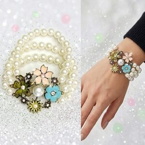 Green pink and blue crystal flower pearl stacked bracelet